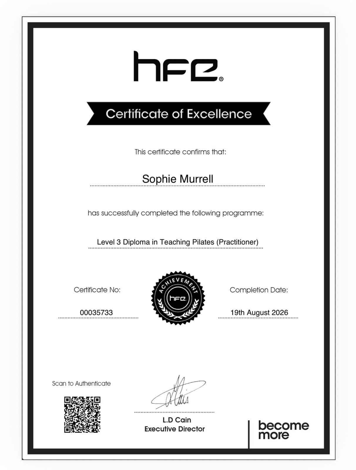 Sophie Murrell's Level 3 Diploma in Teaching Pilates certificate from HFE